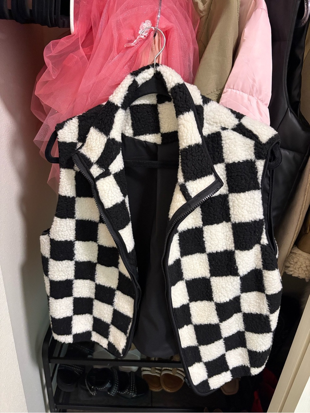 Black & White Checkered Sherpa Vest - Womens Vest